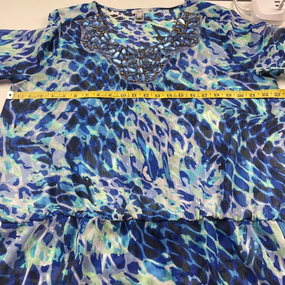 Cache Womens Blue Floral Embelished Boho Cinch Waist Peasant Blouse XL - Picture 6 of 7